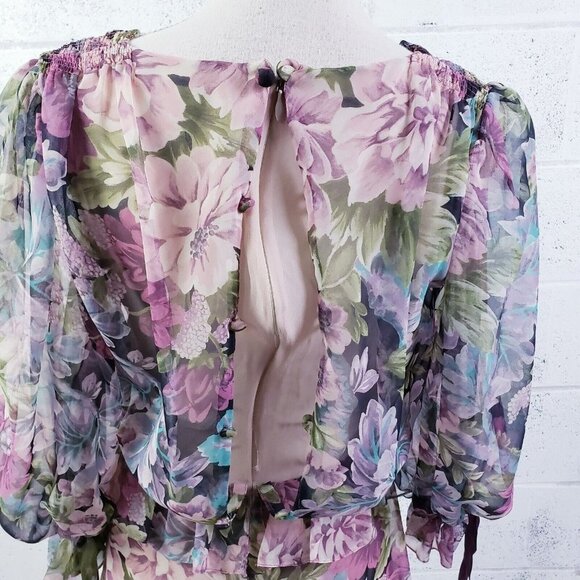 VTG 70s Mignon Italy Women's Silk Floral Tiered Midi Dress Silk Purple Size 6 - Picture 5 of 11